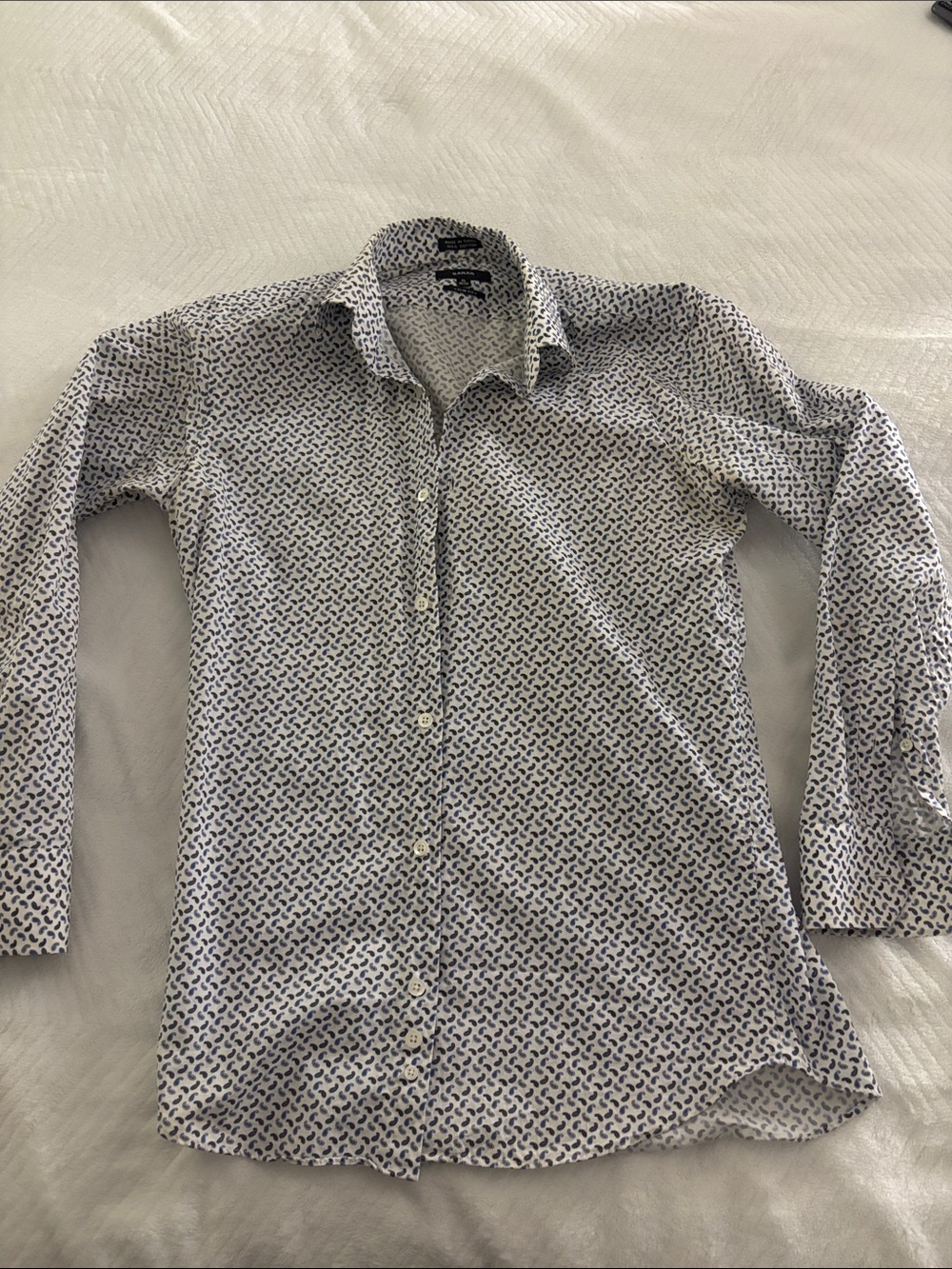 Men's White Button-Down Shirt with Navy Micro Pattern